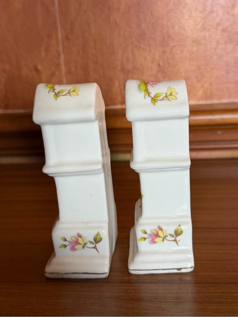 Pair Vintage Miniature Grandfather Clock Porcelain Figurines Floral Taiwan Set 2